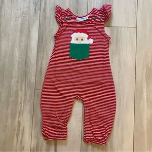 NWT Trotter Street Kids Red and White Striped Santa Overall Romper, size 9M